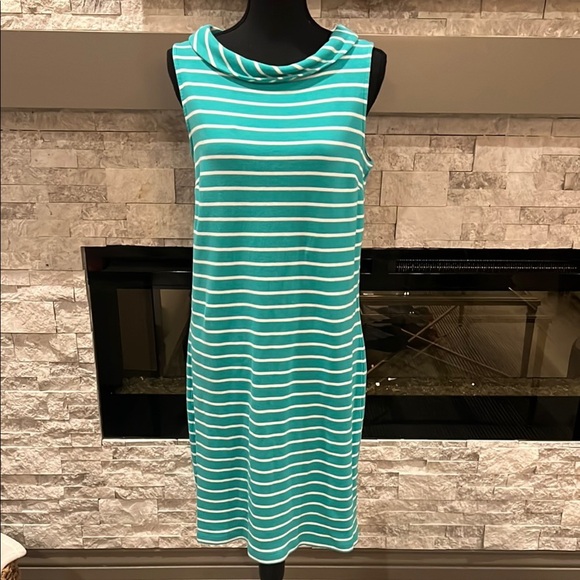 Talbots Dresses & Skirts - Talbots Green and White Sheath Dress Sleeveless Cowl Neck Midi size Large